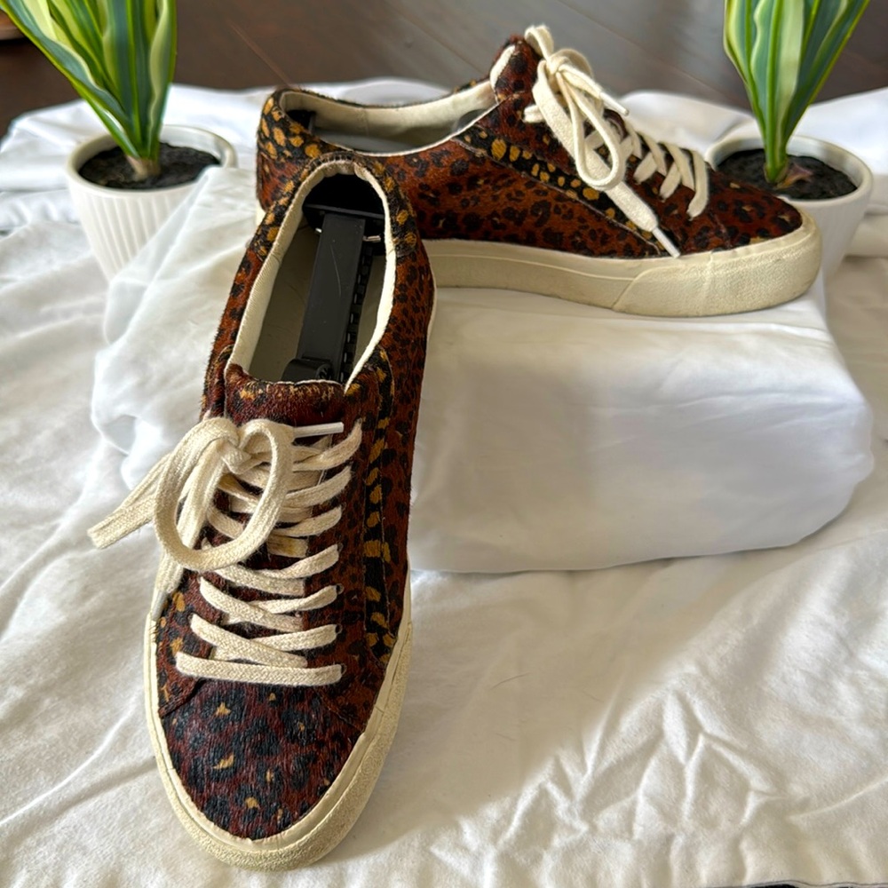 Madewell Sidewalk Low Top Sneakers Painted Leopard Colorblock Calf Hair Size 6.5